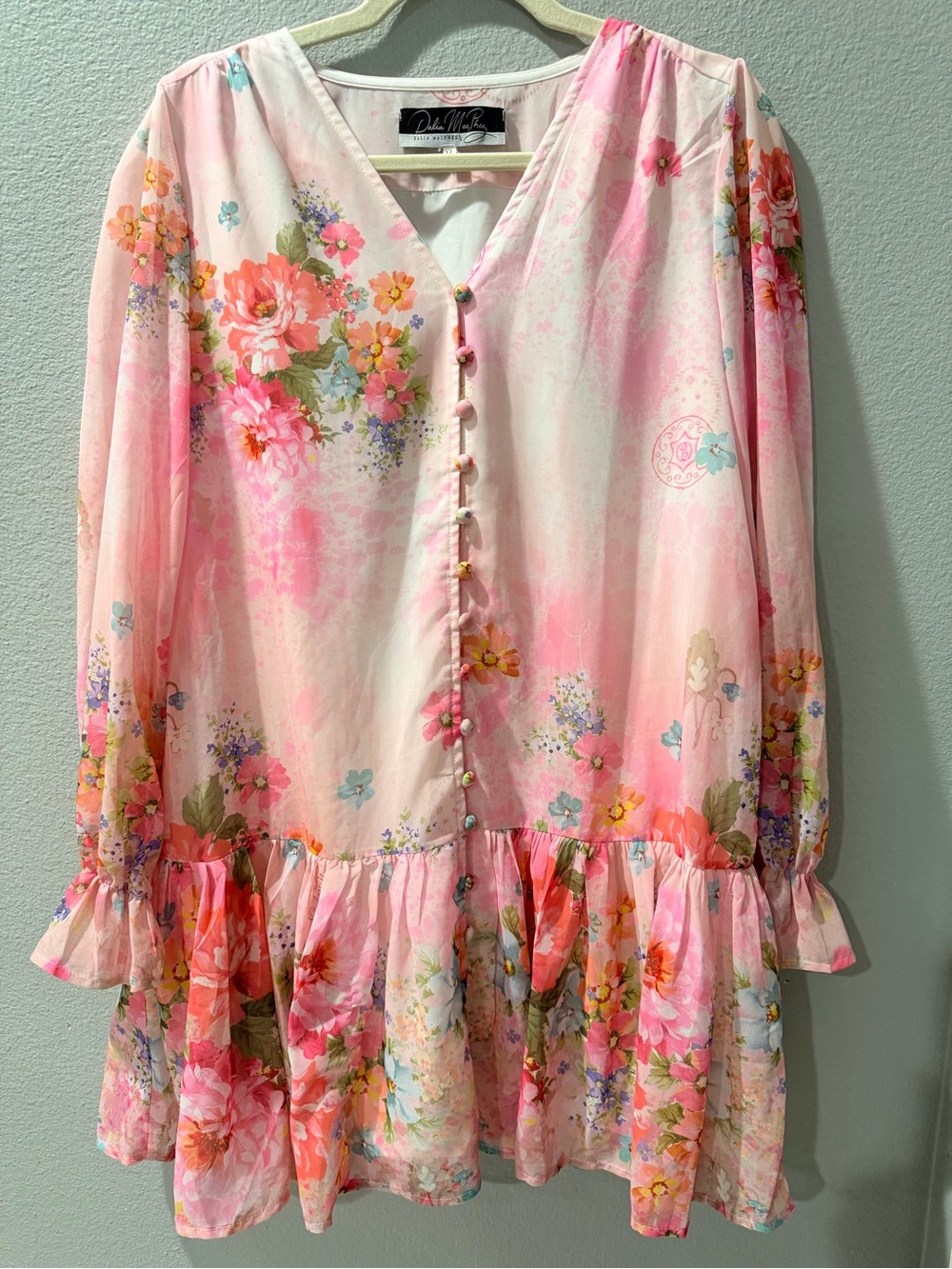 Dollhouse Pink Floral Button-Front Ruffle Hem Casual Dress